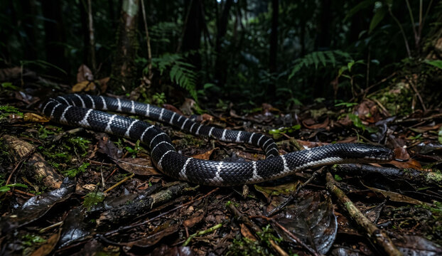 Common Krait slithering through a dark forest at night