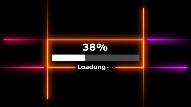 Cyberpunk loading neon bright white color animation. 98 percent number loading icon modern design rectangle from neon light black background 4k video.