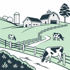 Cows grazing in field with barn and silo animals © Sumi