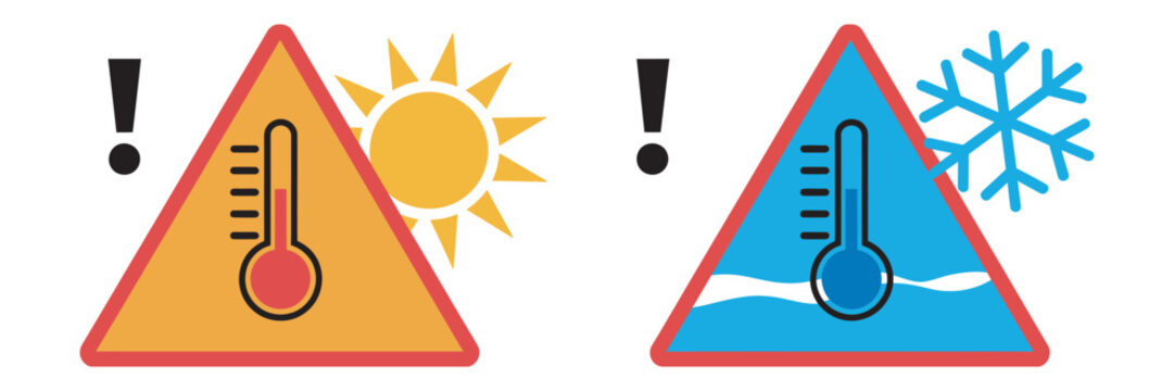 Graphic illustration warning signs for extreme temperatures, heat and cold indicators, thermometer with sun and snowflake symbols, clean vector style, climate warning and environmental risk concept de