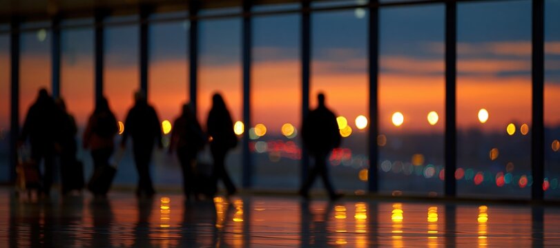 Panoramic silhouette of several travelers moving along airport window at dusk with trolleys and suit