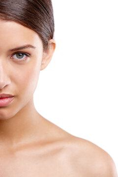 Skincare, studio and woman in half portrait with beauty, space and soft texture on mockup. Dermatology, cosmetics and serious girl with confidence, clean skin and glow isolated on white background.