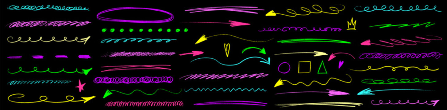 Chalk and crayon form a rough graphic line; highlight accents while an arrow appears twice in rhythm