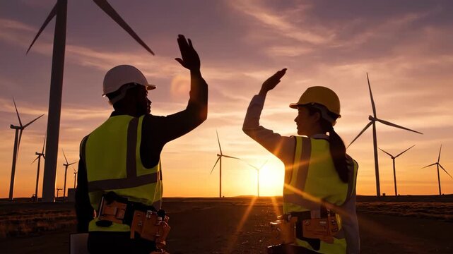 Wind Turbine Technicians Collaboration at Sunset Achieving Renewable Energy Goals