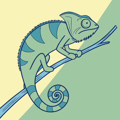 Green chameleon on a branch with blue spots and stripes © PixelFusion