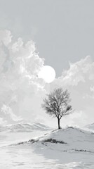 Fototapeta premium Serene Snowy Landscape Featuring a Lone Tree Under a Bright Sun Surrounded by Soft Gray Clouds