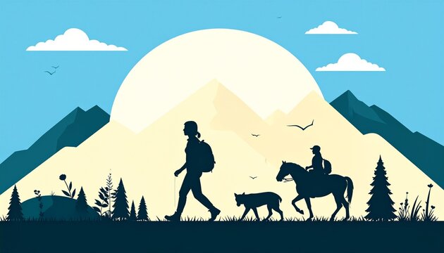 Stylized mountain landscape with rising sun, hikers, horse rider, dog companion, trekking poles, outdoor icons, scenic exploration, adventure spirit, natural beauty, wilderness recreation, journey tog
