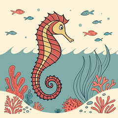 Orange and yellow seahorse swimming with fish and coral reef © PixelFusion