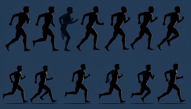 Dynamic sequence of running silhouettes, fluid stride cycle captured in motion, biomechanics study, athletic rhythm, kinetic energy, human locomotion, abstract progression, dark blue background, expre