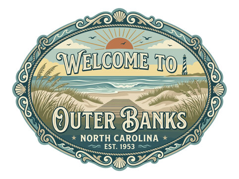 Vintage welcome emblem illustration for Outer Banks, North Carolina, featuring a scenic beach, lighthouse, and coastal dunes, perfect for travel promotions.