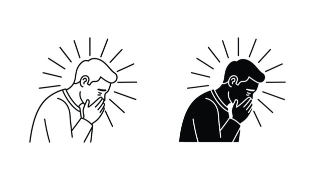 Man praying icon set with radiant light beams in outline and solid black silhouette styles for religious and spiritual design projects