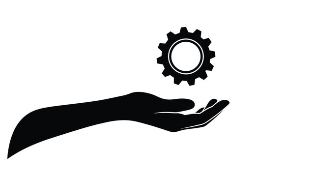 Black silhouette of a human hand positioned as if holding or protecting a single gear symbol for industrial or system management concepts.