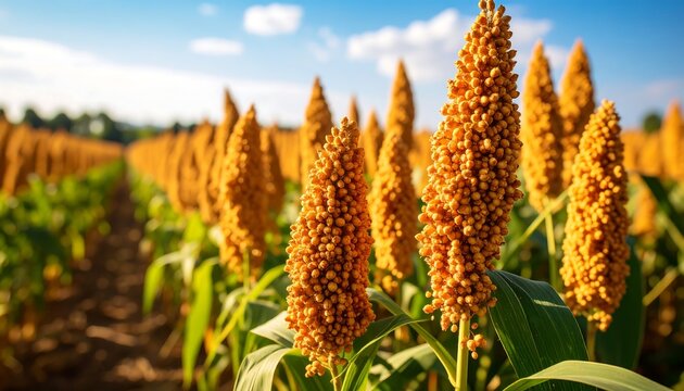 Close-up view of a vibrant agricultural field, showcasing a row of tall, golden-hued crops under a bright, sunny sky