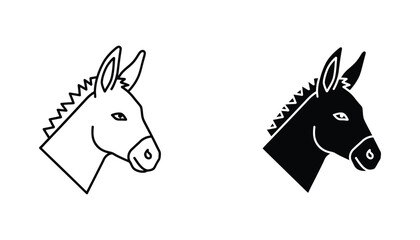Donkey head profile icon set featuring jagged mane style with outline and solid black silhouette for animal branding and agricultural design isolated on white background © Velvet