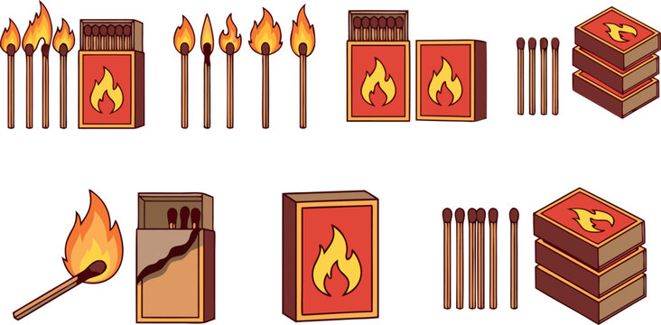 Set of Cartoon Safety Matches and Matchboxes Featuring Burning Wood Sticks and Bright Fire Flame Illustrations