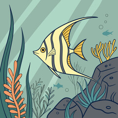 Yellow fish with black stripes swimming near coral and seaweed underwater © PixelFusion