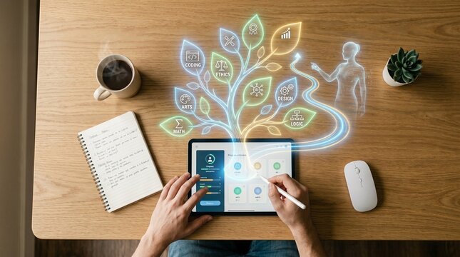 Student interacts with futuristic knowledge tree digital interface with personalized skill and learning path icons.
