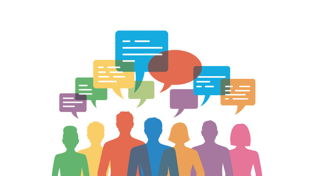 Colorful silhouettes of people with speech bubbles above heads, representing communication flow, public opinion sharing, discussion and feedback, social networking and community dialogue concept in cl