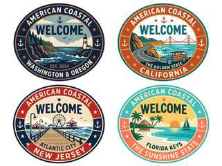Obraz premium Welcome to American Coastal Destinations: Retro illustrations of diverse seaside landscapes, lighthouses, piers, and scenic roads.