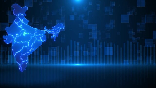 Blue India technology map with glowing state borders, vertical data bars, abstract squares, and dark business background. Perfect for India tech videos, market reports, news graphics, and overlays.