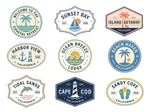 Collection of Vintage Coastal Retreat and Beach Destination Badges featuring Nautical and Tropical Elements, Flat Vector Illustration
