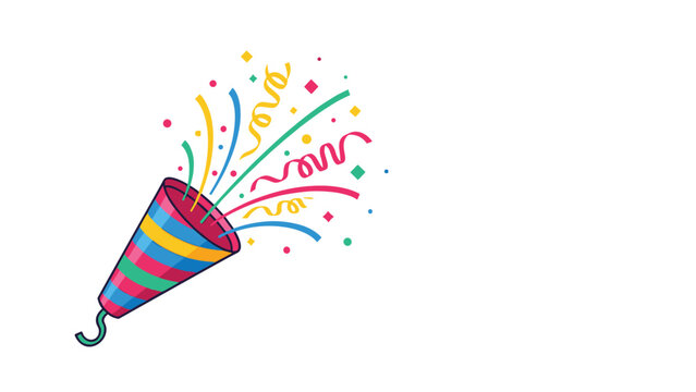 Vibrant multi-colored party popper exploding with confetti and colorful streamers on a clean white background, celebrating a special event or holiday.