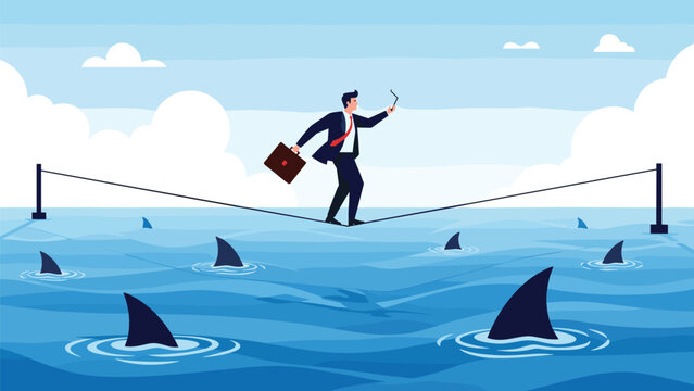 Brave businessman in a suit walking across a thin tightrope over shark-infested blue waters, representing business risk, balance, and high stakes.