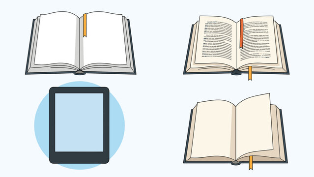 Comparison of traditional media and digital tech featuring open paper books with bookmarks and a modern electronic tablet reader on a blue background.