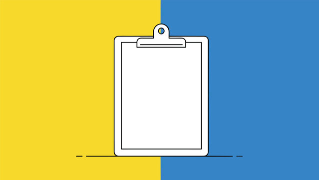 Blank clipboard icon centered on a dual color yellow and blue background representing office organization and task management.