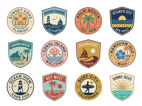 A vibrant collection of retro-style travel badges and emblems showcasing various sunny beach destinations and coastal landmarks.