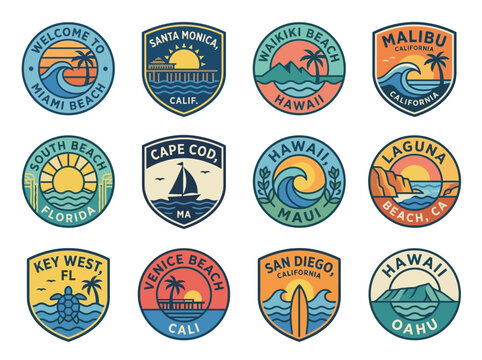 Retro vector set: iconic beach travel emblems for US coastal spots. Sunny ocean scenes, waves, and palm trees.