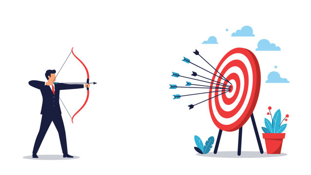 Professional archer in a business suit shooting many arrows at a bullseye target to demonstrate goal achievement and business strategy success.