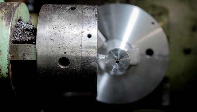 D&eacute;tail d'une pi&egrave;ce m&eacute;tallique cylindrique usin&eacute;e sur un tour industriel en usine