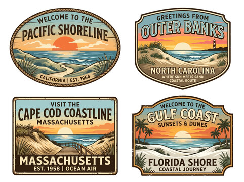 Retro American Shoreline Travel Graphic Set featuring Vintage Coastal Beach Badges, Sunset Scenes, and Ocean Views