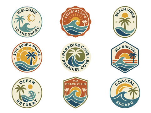 Illustrative bundle of modern retro beach and coastal life vector logos, perfect for summer travel, surf, and vacation designs.