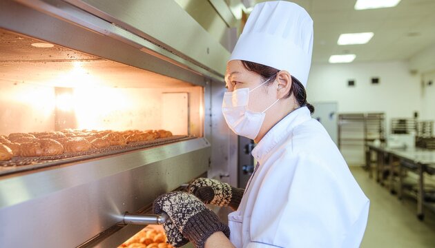 Boulang&egrave;re professionnelle en uniforme sortant des croissants chauds du four