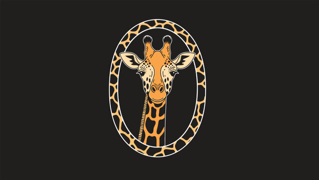 Detailed portrait of a giraffe head framed in a decorative oval pattern against a solid black and minimalist background.