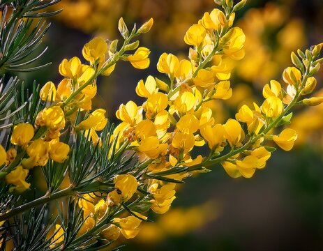 close up of the branches of the broom spartium junceum with its dense yellow flowers a nature photograph with vivid colors and high contrast