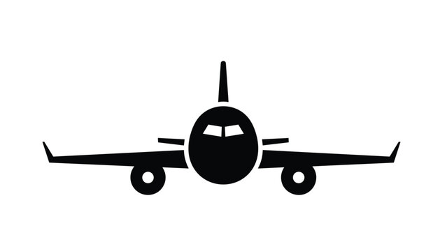 Solid black silhouette of a commercial airplane shown from a front-facing perspective against a clean white background.