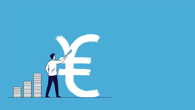 Businessman using a brush to paint a giant white Euro currency symbol on a blue background next to stacks of coins.