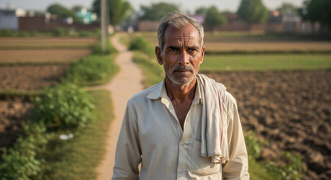 Old Farmer Standing in Field Rural Agriculture Portrait Serious Expression