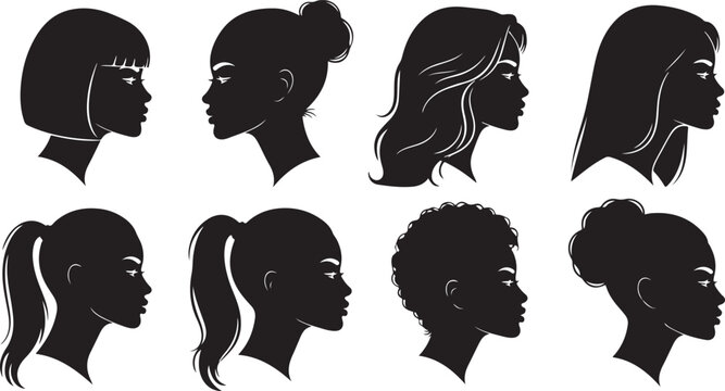 Black and white of 8 traced horse heads in profile view horse silhouette equine