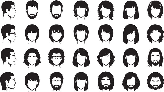 Black and white of 30 abstract human head silhouettes in profile view de