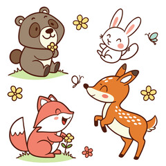Naklejka premium Cartoon animals in a garden setting flowers butterflies