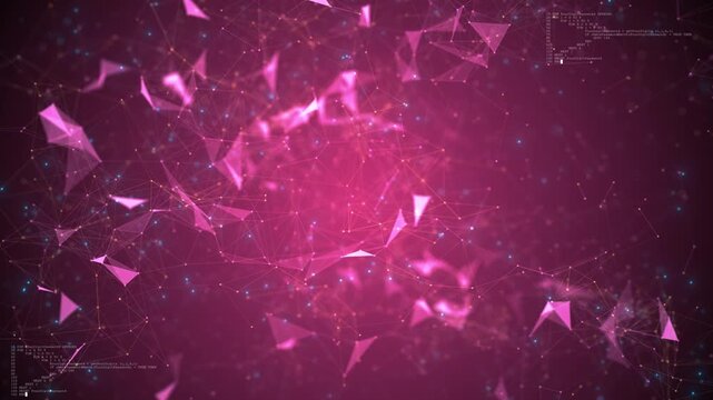 Pink polygon network background with glowing triangular shards, connected lines, and abstract code texture. Perfect for technology videos, AI visuals, creative intros, science scenes, and overlays.