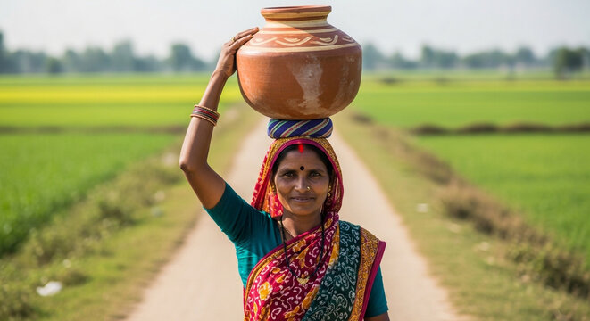 Indian Woman Carrying Water Pot on Head Rural Village Lifestyle