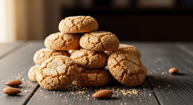 A stack of delicious freshly baked brown almond cookies resting on a dark rustic wooden kitchen table. amaretti
