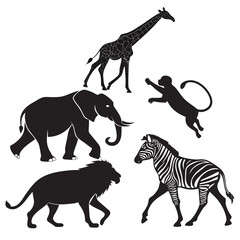 Black silhouettes of various animals giraffe elephant lion zebra monkey © Koli