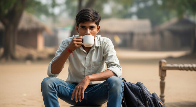 Young Man Drinking Tea in Rural Village Lifestyle Indian Culture Scene