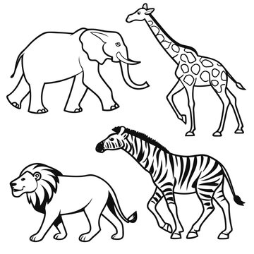 Black and white line of safari animals elephant giraffe lion zebra line black and white